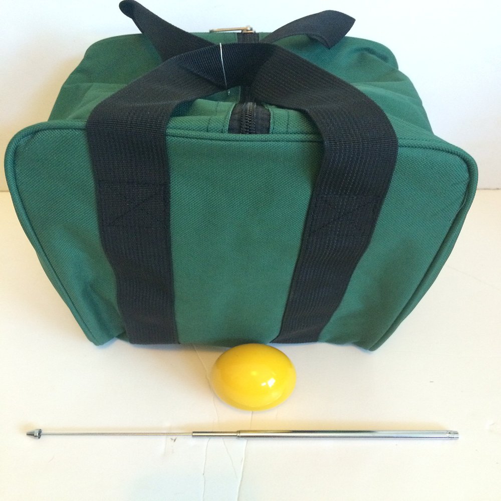BuyBocceBalls Unique Bocce Accessories Package - Heavy Duty Nylon Bocce Bag (Green with Black Handles), Official Tournament-Grade Yellow 60mm Pallino, Extendable Measuring Device