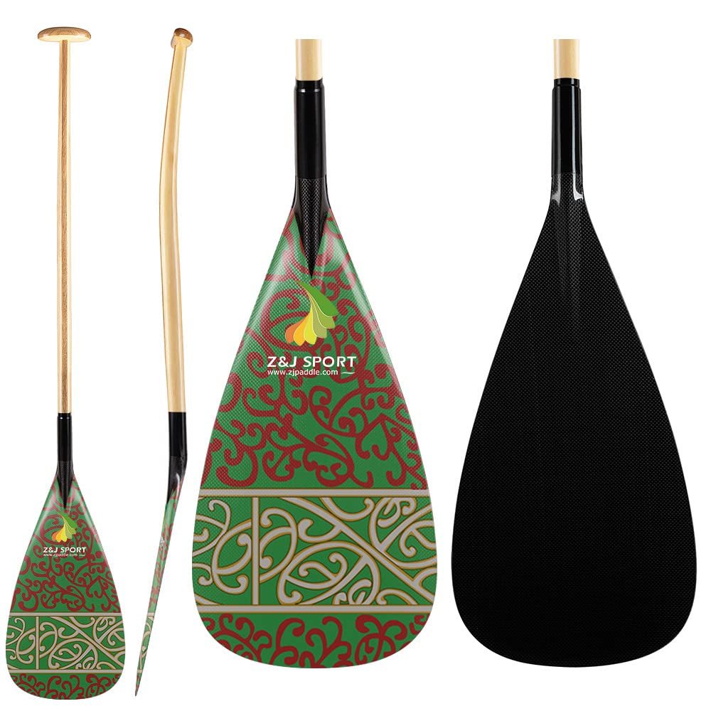 Z&J SPORT Outrigger Canoe Paddle Wooden Shaft, Tahiti Style Hybrid OC Paddle with Graphics Carbon Blade, Durable OC Paddle for Waka AMA, vaa, Bent Shaft & 12 Degree Blade (RU102, 46"-52" Optional)