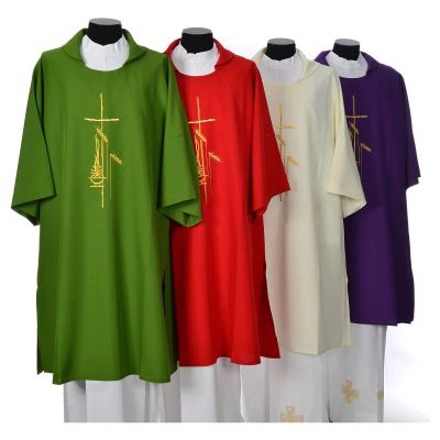 Eucharistic Dalmatic with Cross, Ear of Wheat and Flame 100% Polyester, RedRed
