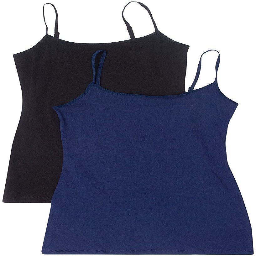 Active Basic Junior Women's Casual Plain Layering Camisole Cami Top Tank - 2 Pack Bk, Navy, 3XL