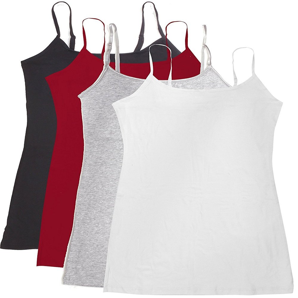 Active Basic Junior Women's Casual Plain Layering Camisole Cami Top Tank - 4 Pack Bk Red Hgray Wh, 3XL