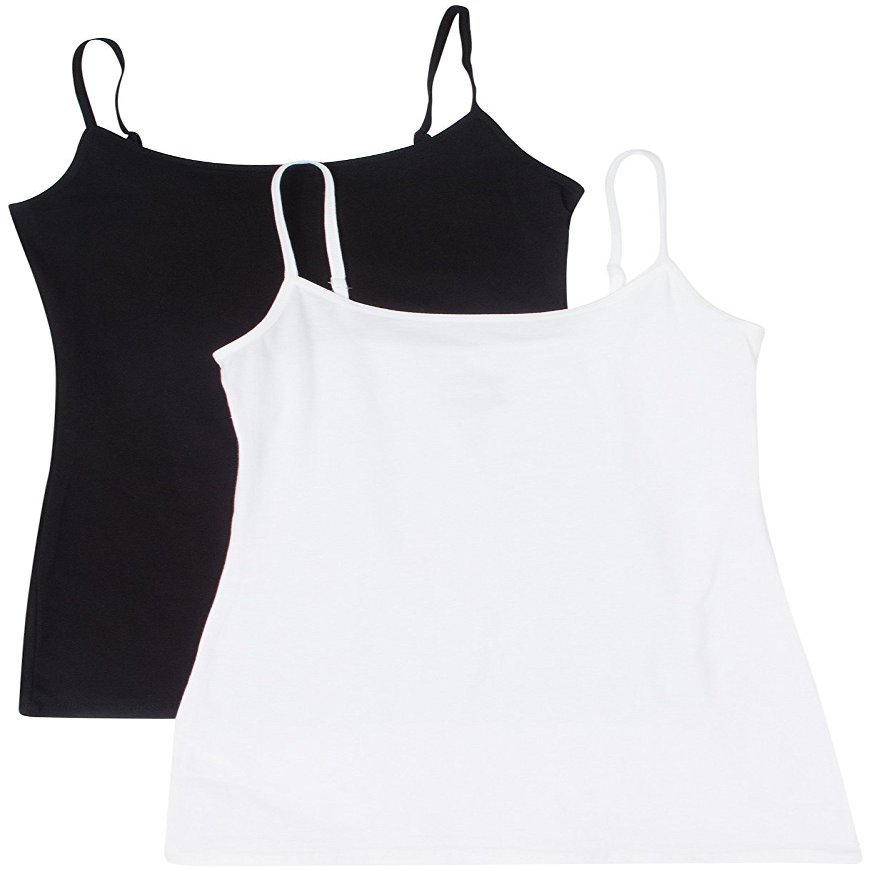 Active Basic Junior Women's Casual Plain Layering Camisole Cami Top Tank - 2 Pack Wh, Bk, 3XL
