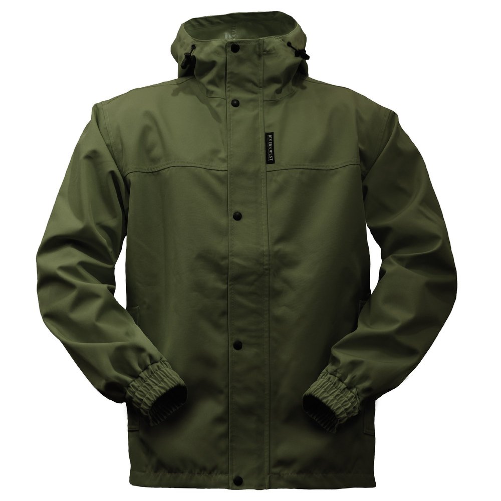 Rivers West Men's Standard 40/40 Waterproof Lightweight Ultra Packable Rain Jacket with Fixed Adjustable Hood, Olive, Small