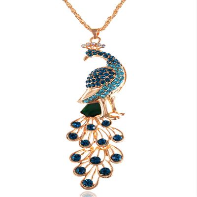 Alilang Golden Tone Blue Green Colored Rhinestone Peacock Bird Pendant Chain Necklace