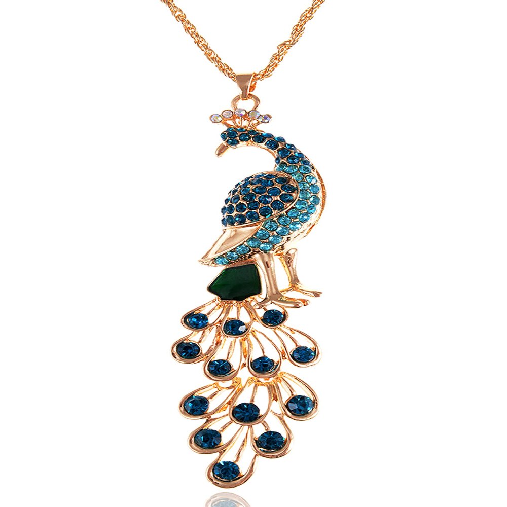 Alilang Golden Tone Blue Green Colored Rhinestone Peacock Bird Pendant Chain Necklace