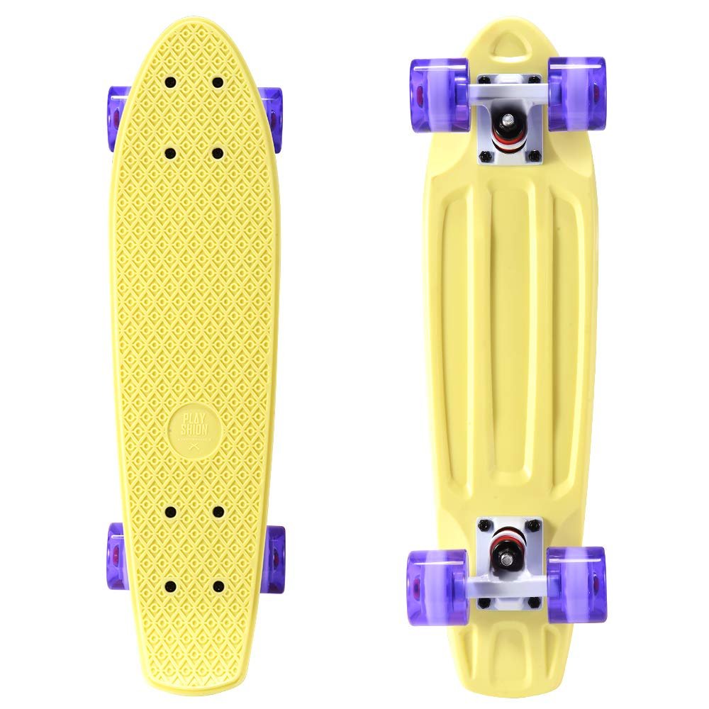 Mini Cruiser Skateboard for Kids, Beginners, and Adults - Lightweight and Portable 22 Inch Skateoard for Easy Riding - Supports Up to 300 lbs (Yellow/Purple)