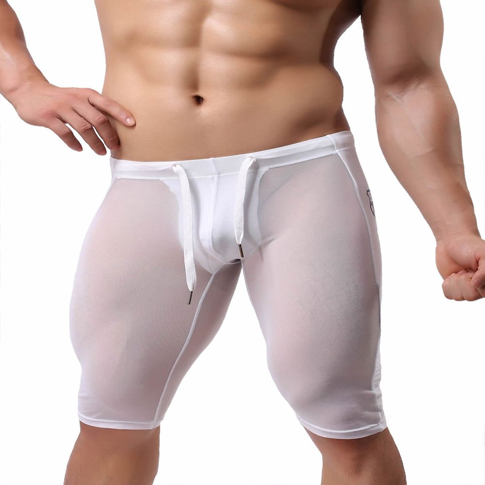 BRAVE PERSON Sexy Transparent Gauze Sports Shorts Cool Summer Swimm Trunks 2228 (L, White)
