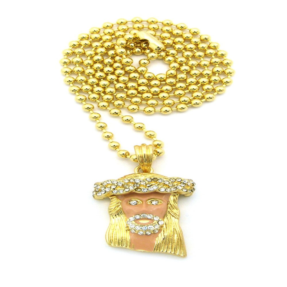 NYFASHION101 Paved Jesus Colored Accent Micro Pendant w/ 27" Ball Chain Necklace, Pink/Gold-Tone