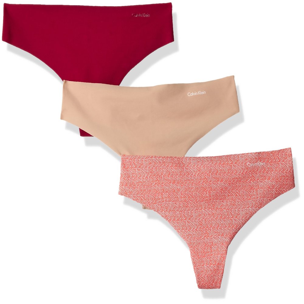 Calvin Klein Women's Invisibles Seamless Thong Panties, 3 Pack, Lust/Light Caramel/Linear Ink Geo Impulse, X-Large