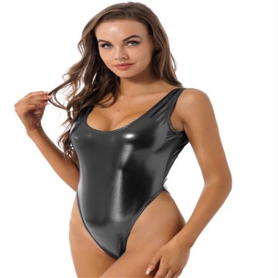 FEESHOW Women's Shiny Metallic One Piece Swimsuit Bikini Thong Swimwear Beachwear Black One Size