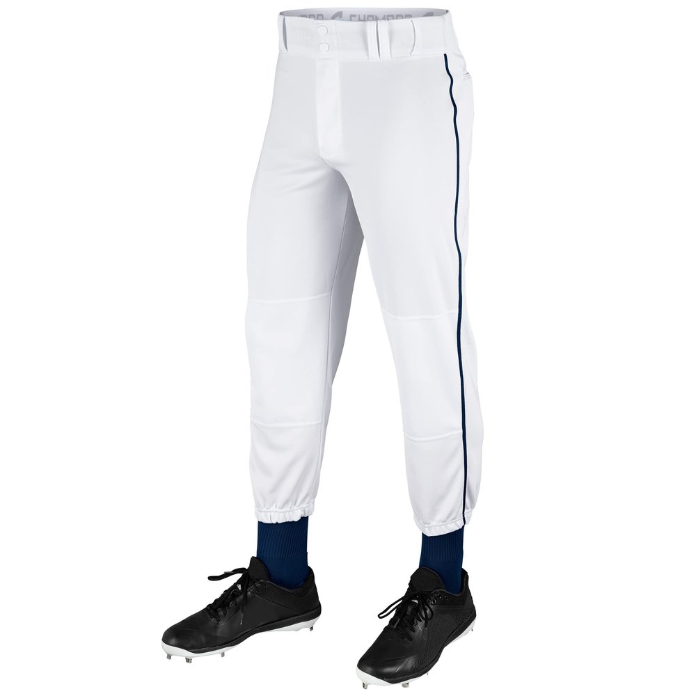 Champro Traditional Fit Triple Crown Classic Baseball Pants with Contrast-Color Braid Piping and Reinforced Sliding Areas, White, Navy pin, Small