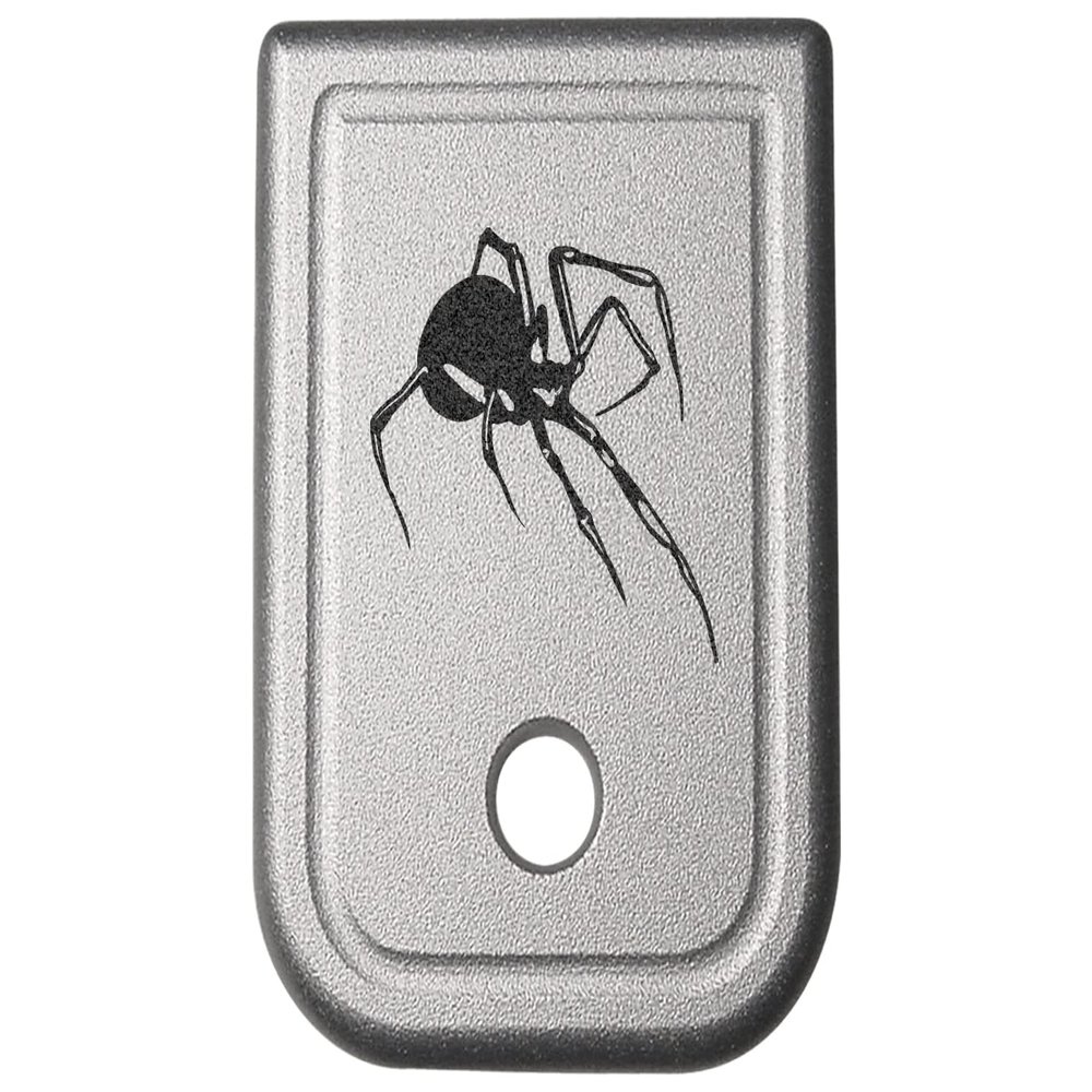 NDZ Performance Magazine Base Plate for Glock 17 19 19X 22 23 24 26 27 31 32 33 34 35 37 38 39 45 Gen 1-4 9MM .40 S&W Laser Engraved Anodized Aluminum in Silver - Black Widow Spider