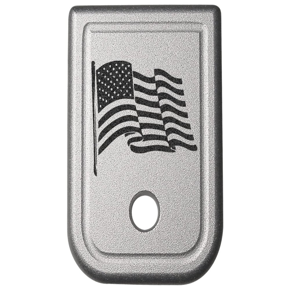 NDZ Performance Magazine Base Plate for Glock 17 19 19X 22 23 24 26 27 31 32 33 34 35 37 38 39 45 Gen 1-4 9MM .40 S&W Laser Engraved Anodized Aluminum in Silver - US Flag Wave 2