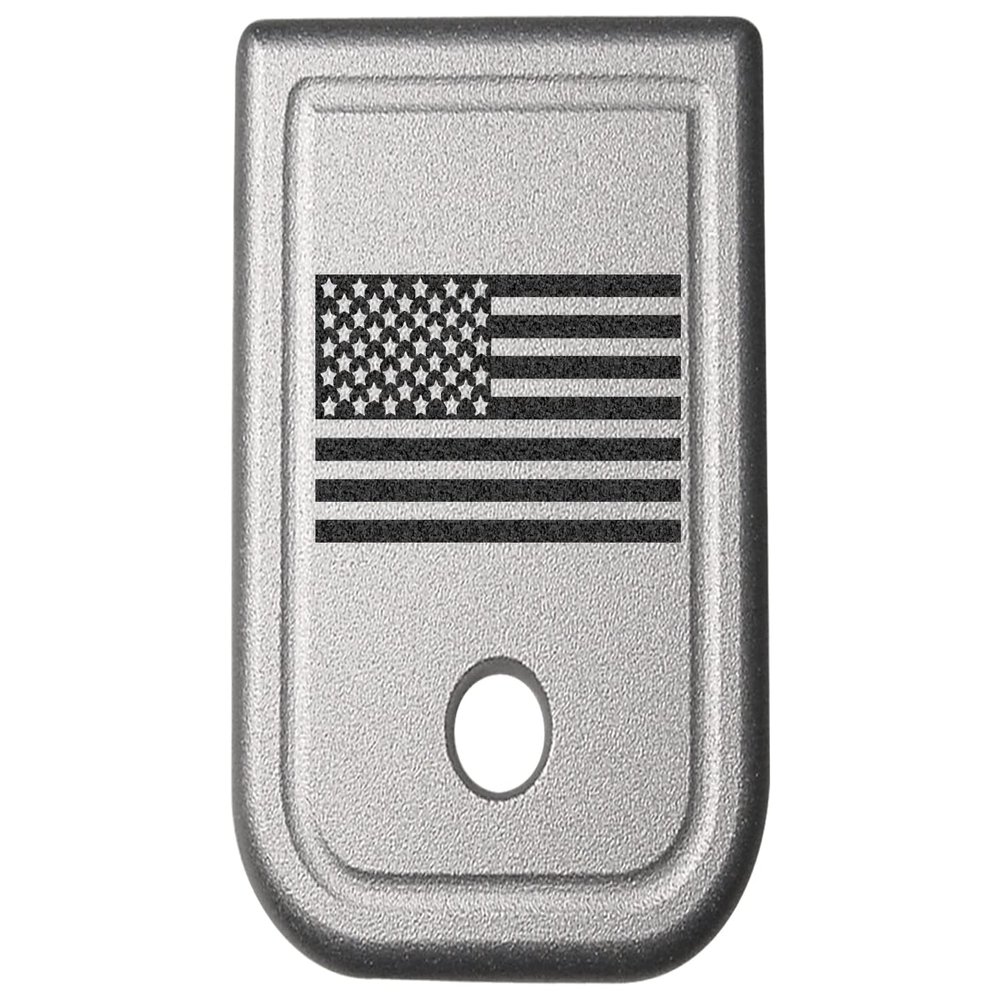 NDZ Performance Magazine Base Plate for Glock 17 19 19X 22 23 24 26 27 31 32 33 34 35 37 38 39 45 Gen 1-4 9MM .40 S&W Laser Engraved Anodized Aluminum in Silver - US Flag Inverse Alternate