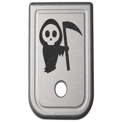 NDZ Performance Magazine Base Plate for Glock 17 19 19X 22 23 24 26 27 31 32 33 34 35 37 38 39 45 Gen 1-4 9MM .40 S&W Laser Engraved Anodized Aluminum in Silver - Grim Reaper Baby