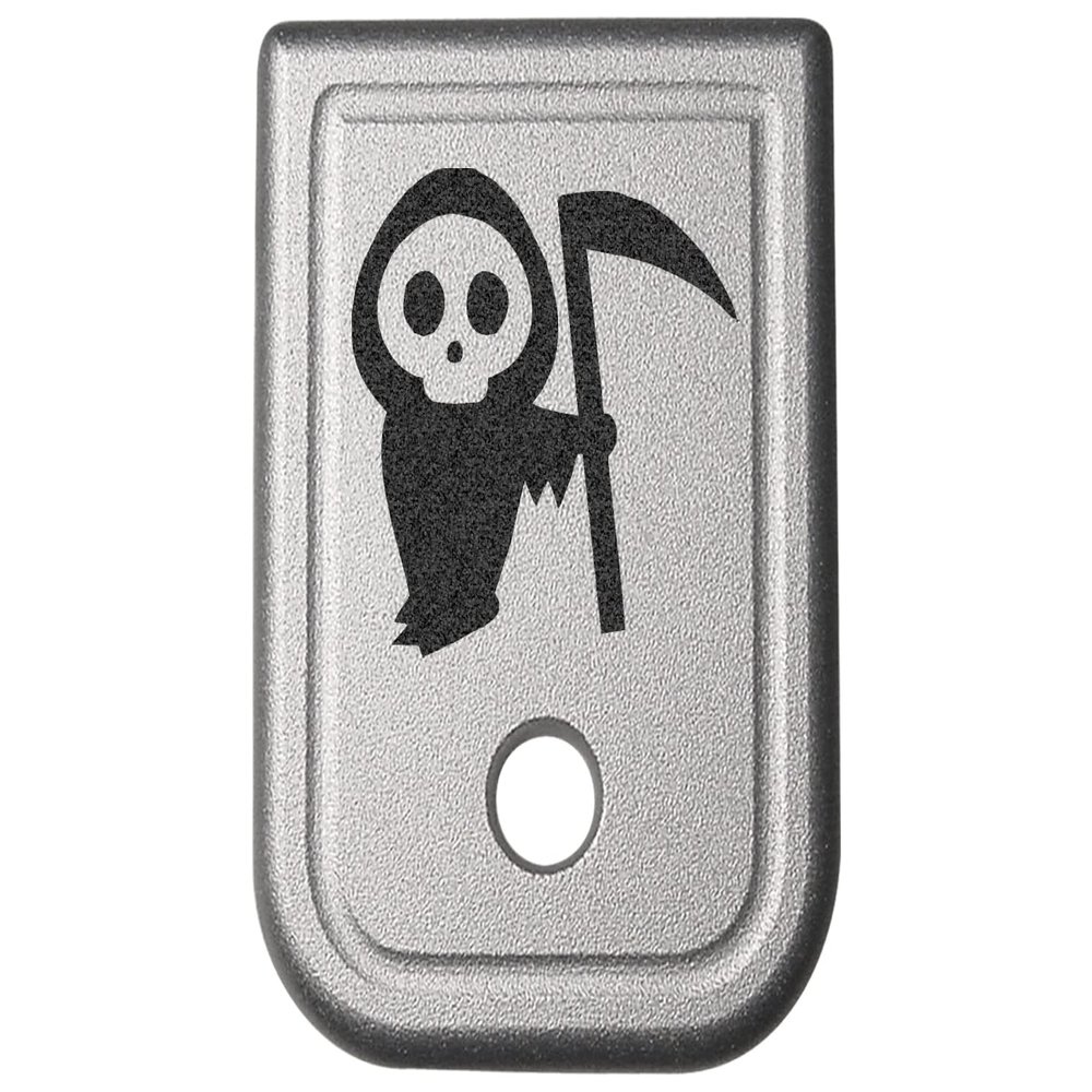 NDZ Performance Magazine Base Plate for Glock 17 19 19X 22 23 24 26 27 31 32 33 34 35 37 38 39 45 Gen 1-4 9MM .40 S&W Laser Engraved Anodized Aluminum in Silver - Grim Reaper Baby
