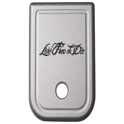 NDZ Performance Magazine Base Plate for Glock 17 19 19X 22 23 24 26 27 31 32 33 34 35 37 38 39 45 Gen 1-4 9MM .40 S&W Laser Engraved Anodized Aluminum in Silver - Live Free or Die Script