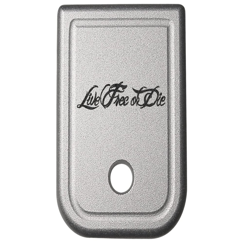 NDZ Performance Magazine Base Plate for Glock 17 19 19X 22 23 24 26 27 31 32 33 34 35 37 38 39 45 Gen 1-4 9MM .40 S&W Laser Engraved Anodized Aluminum in Silver - Live Free or Die Script