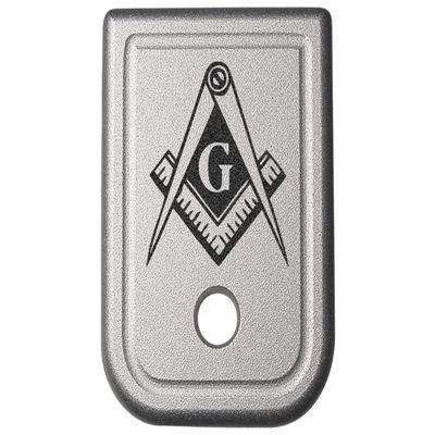 NDZ Performance Magazine Base Plate for Glock 17 19 19X 22 23 24 26 27 31 32 33 34 35 37 38 39 45 Gen 1-4 9MM .40 S&W Laser Engraved Anodized Aluminum in Silver - Masonic Mason Calipers G Logo