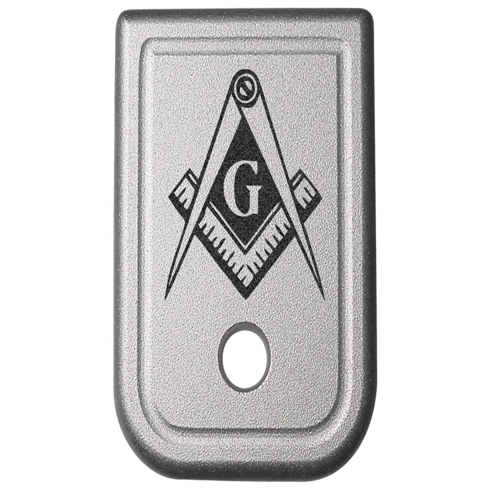 NDZ Performance Magazine Base Plate for Glock 17 19 19X 22 23 24 26 27 31 32 33 34 35 37 38 39 45 Gen 1-4 9MM .40 S&W Laser Engraved Anodized Aluminum in Silver - Masonic Mason Calipers G Logo