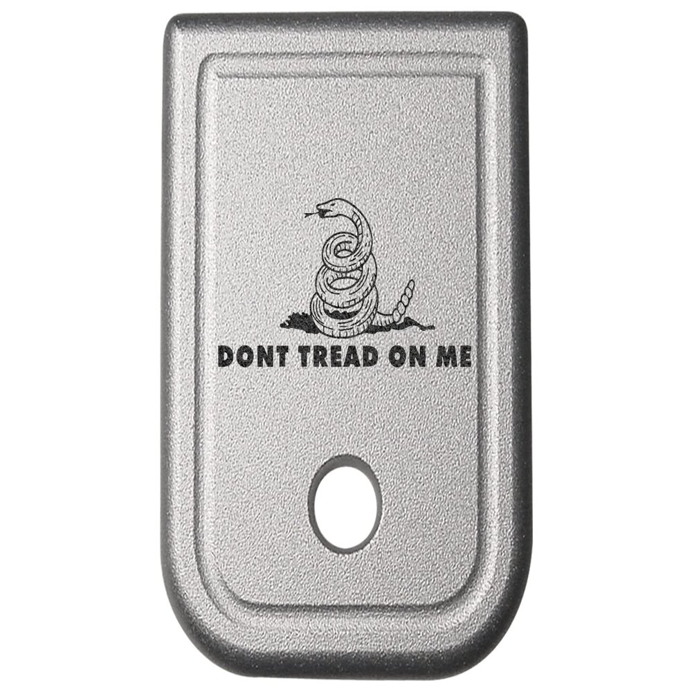 NDZ Performance Magazine Base Plate for Glock 17 19 19X 22 23 24 26 27 31 32 33 34 35 37 38 39 45 Gen 1-4 9MM .40 S&W Laser Engraved Anodized Aluminum in Silver - Don't Tread On Me 2