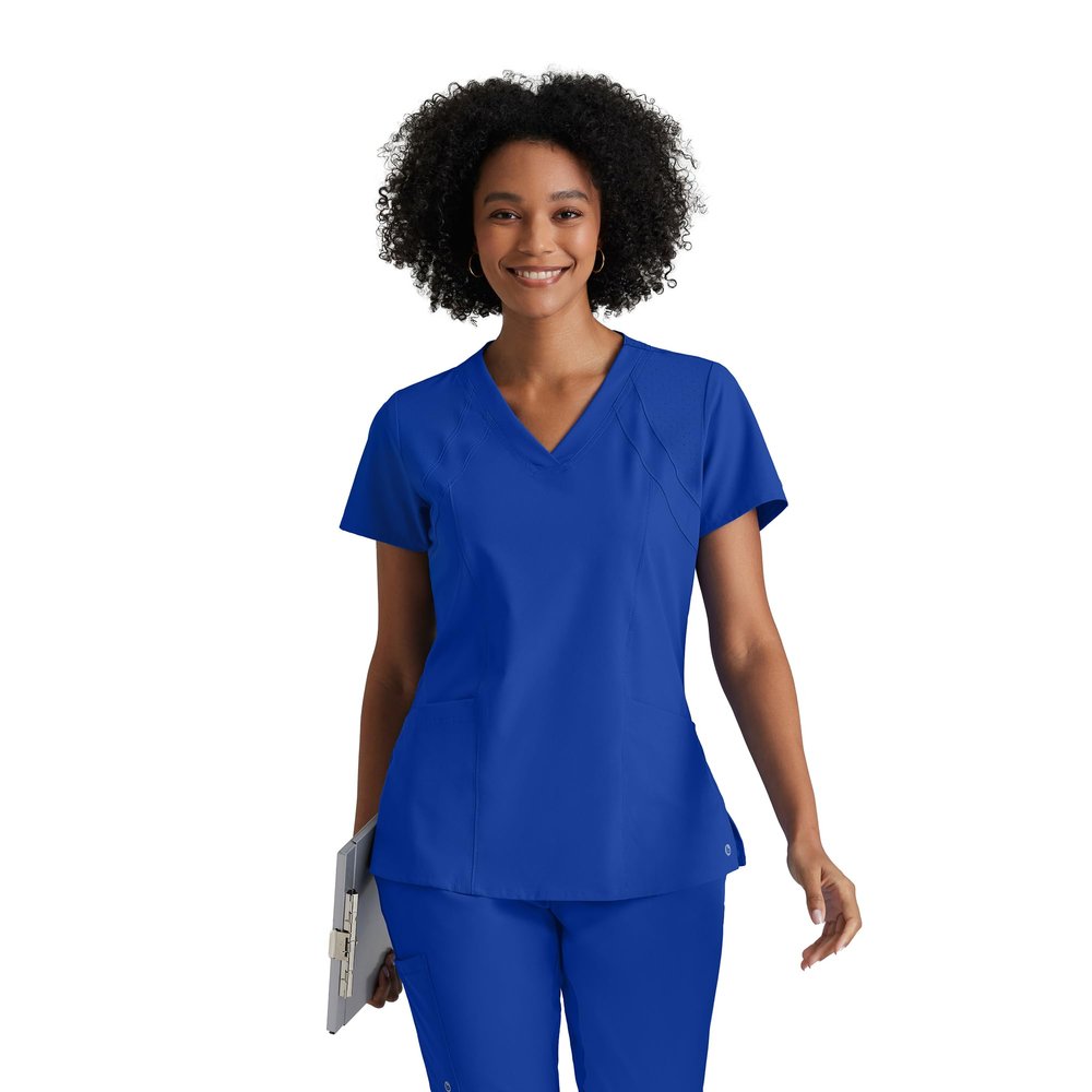 BARCO One Racer Classic Fit Scrub Top for Women  Cobalt, 4-Pocket V-Neck Scrub Shirt w/ 360 Spandex Stretch, Moisture Wicking, Anti-Static and Quick-Shed  Small, Regular Fit