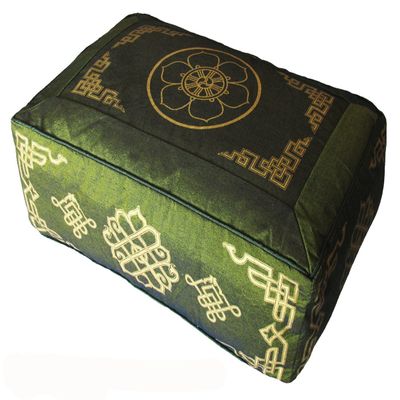 Boon Decor Rectangular Zafu Meditation Cushion Buckwheat and Kapok Fill Dharma Wheel Olive Green