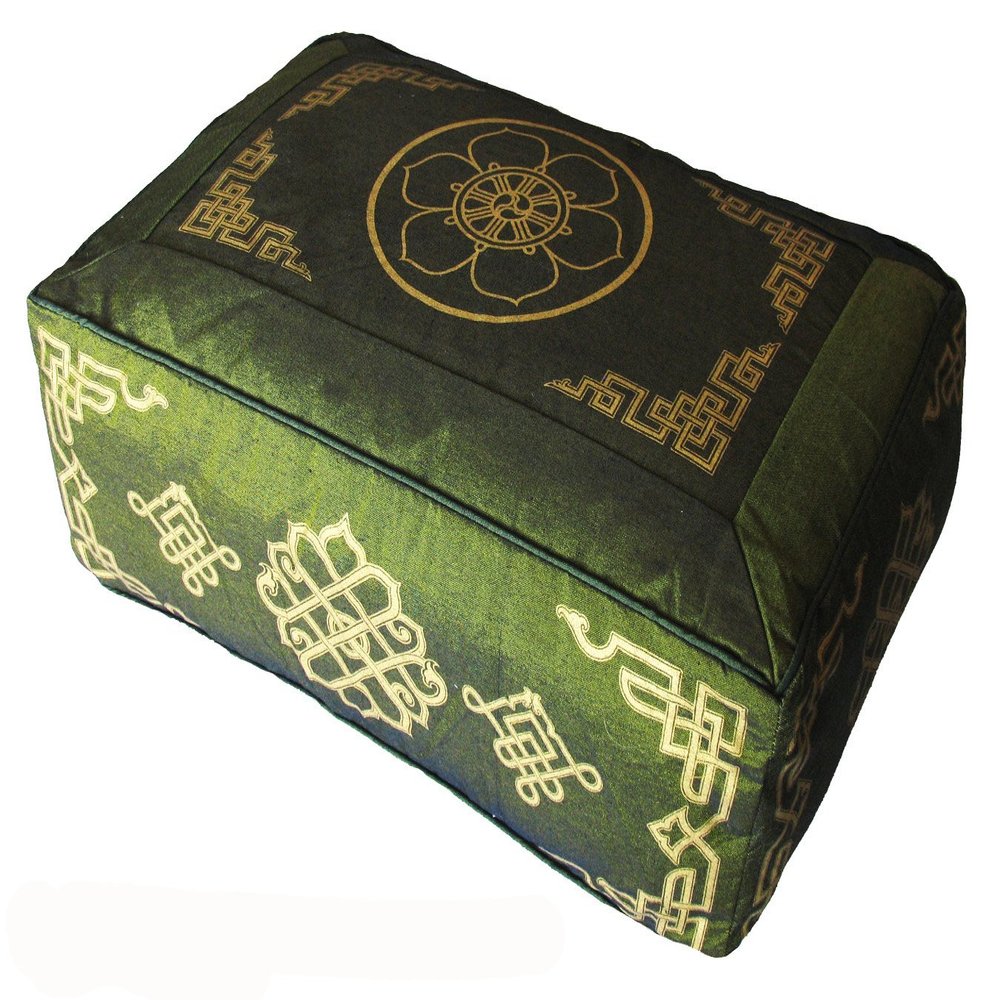 Boon Decor Rectangular Zafu Meditation Cushion Buckwheat and Kapok Fill Dharma Wheel Olive Green