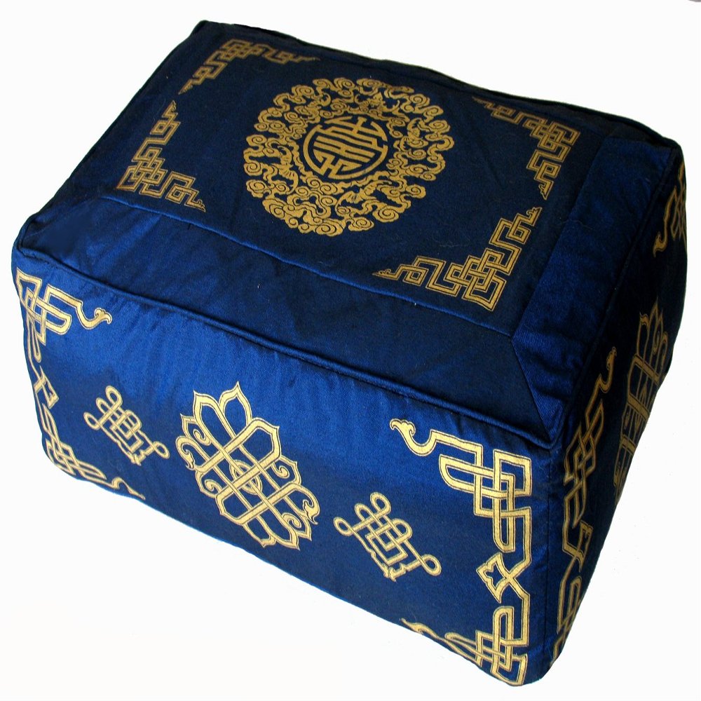 Boon Decor Meditation Cushion - Rectangular Zafu Buckwheat and Kapok Fill Longevity Dharma Key Blue