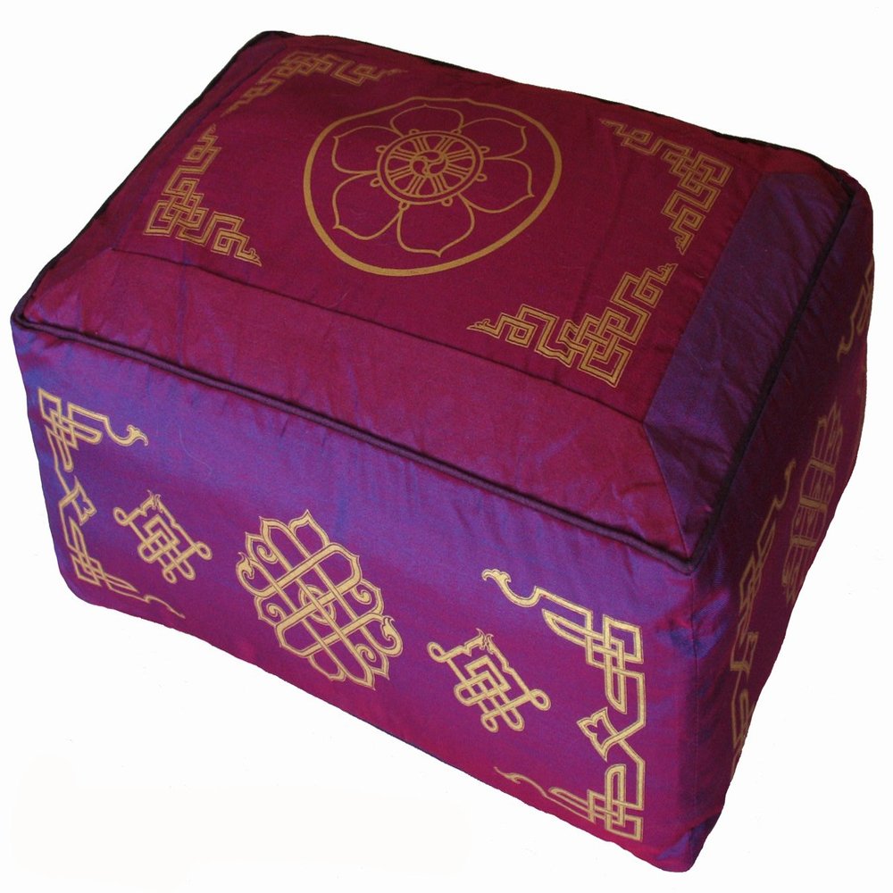 Boon Decor Meditation Cushion - Rectangular Zafu Buckwheat and Kapok Fill Wheel of Dharma Dharma Key Magenta
