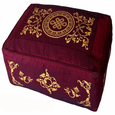 Boon Decor Meditation Cushion - Rectangular Zafu Buckwheat and Kapok Fill Eternal Knot Celestial Vine Burgundy