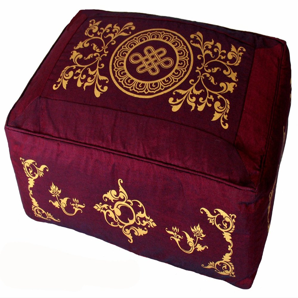 Boon Decor Meditation Cushion - Rectangular Zafu Buckwheat and Kapok Fill Eternal Knot Celestial Vine Burgundy
