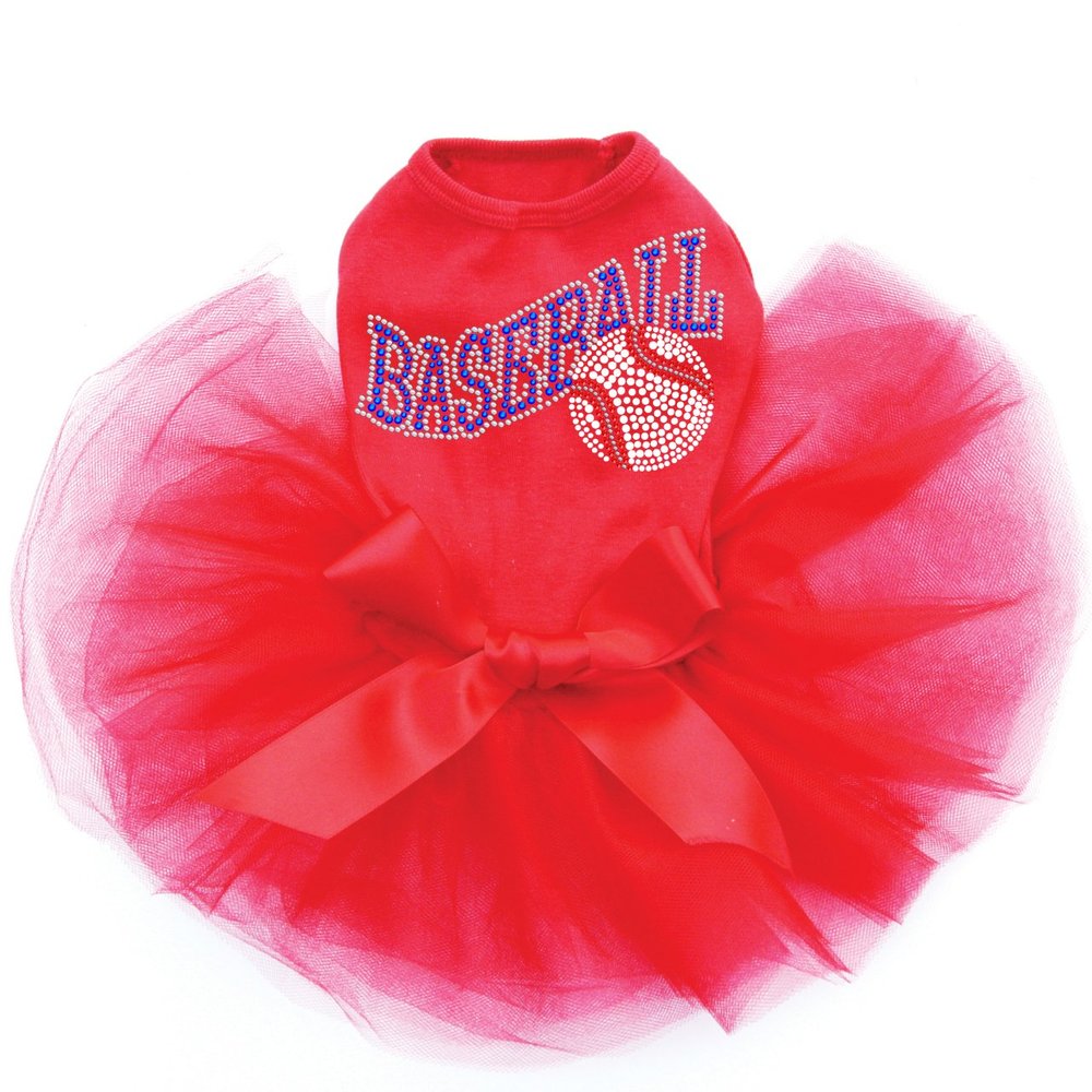 Baseball with Ball - Bling Rhinestone Dog Tutu Dress, XL Red