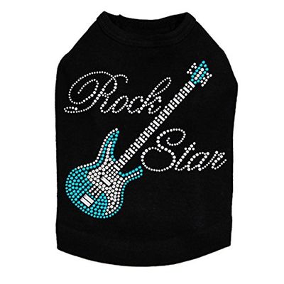Guitar (Blue Swarovski) & Rock Star - Dog Shirt, 2XL Black