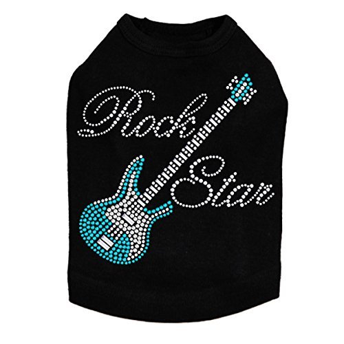 Guitar (Blue Swarovski) & Rock Star - Dog Shirt, 2XL Black