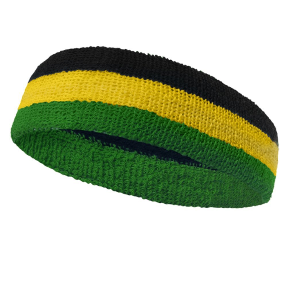 Couver Triple Color Striped Cotton Sports Basketball Headband Sweatband - Black/Yellow/Green