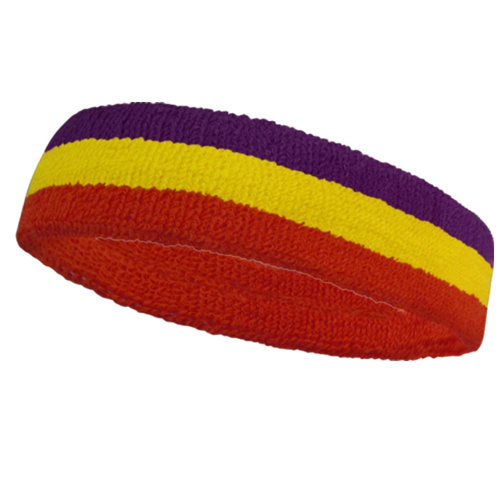Couver Triple Color Striped Cotton Sports Basketball Headband Sweatband - Purple/Bright Yellow/Red