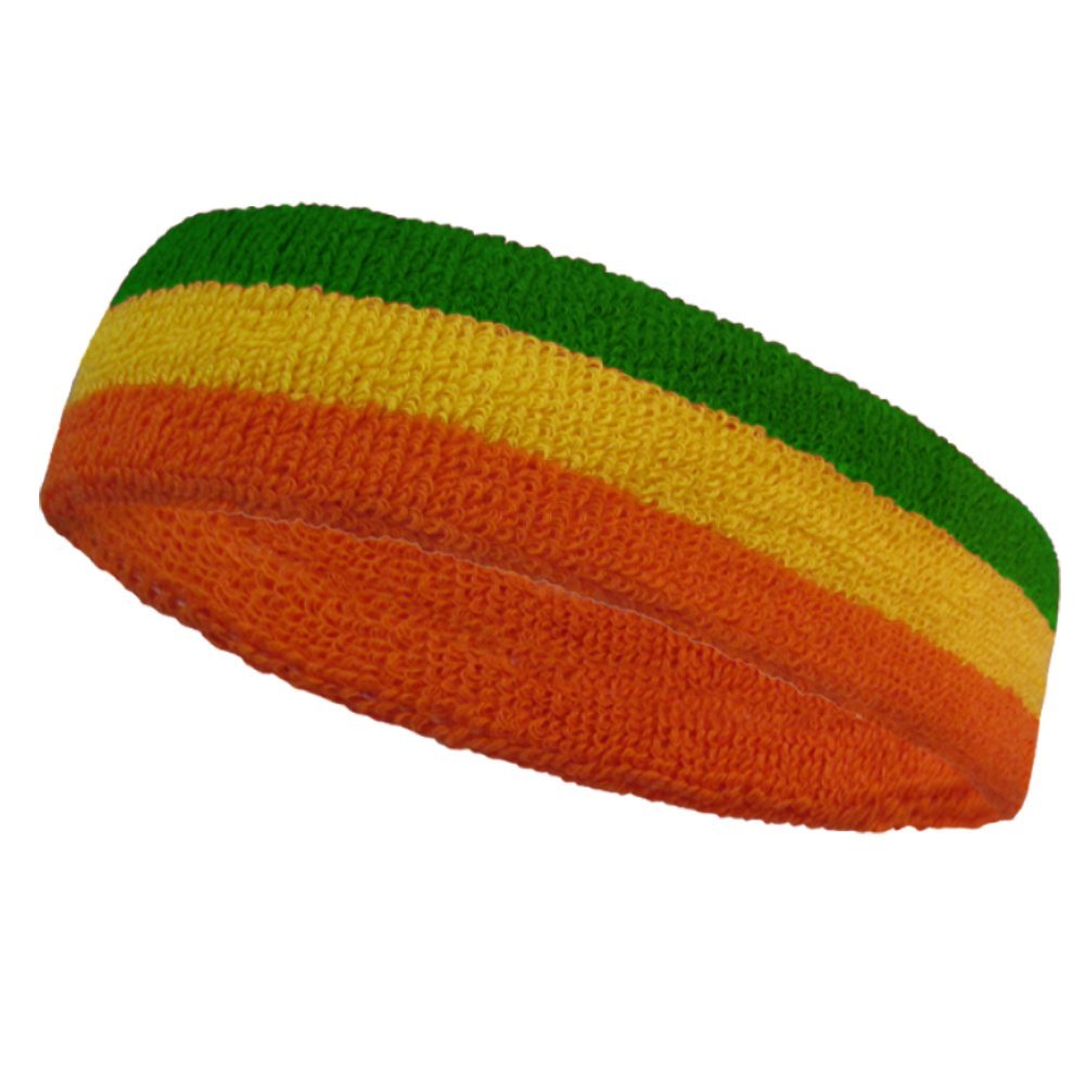Couver Triple Color Striped Cotton Sports Basketball Headband Sweatband - Dark Orange/Golden Yellow/Green