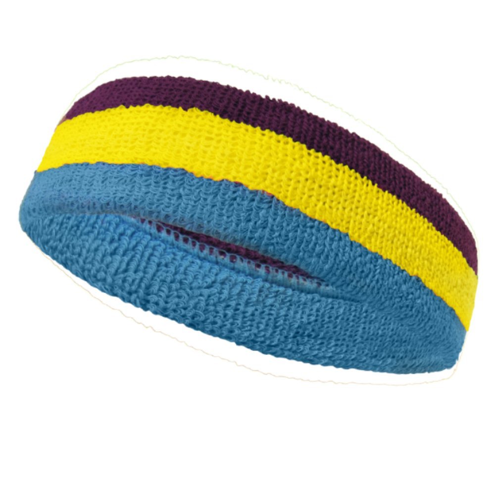 Couver Triple Color Striped Cotton Sports Basketball Headband Sweatband - Purple/Bright Yellow/Sky Blue