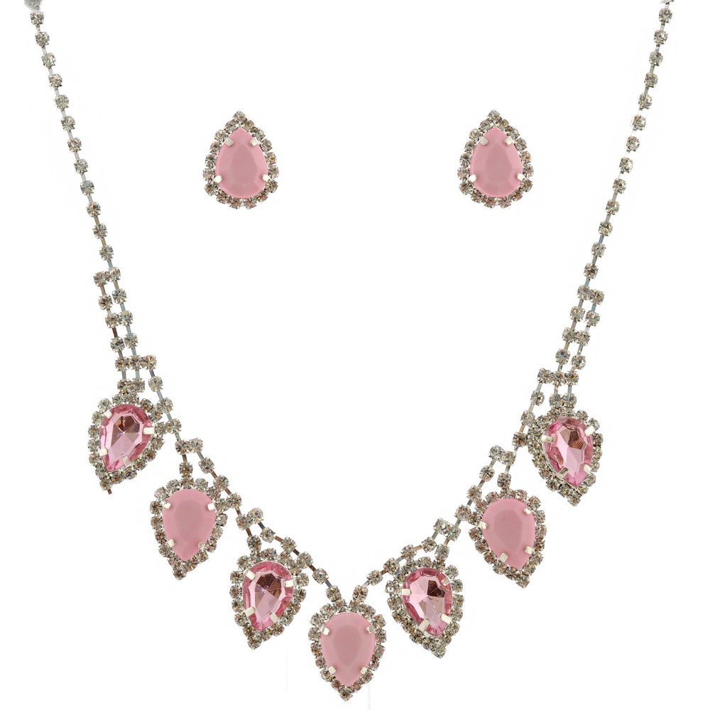 topwholesalejewel Wedding Jewelry Set Silver Light Siam Opaque Necklace Teardrop Earrings Set