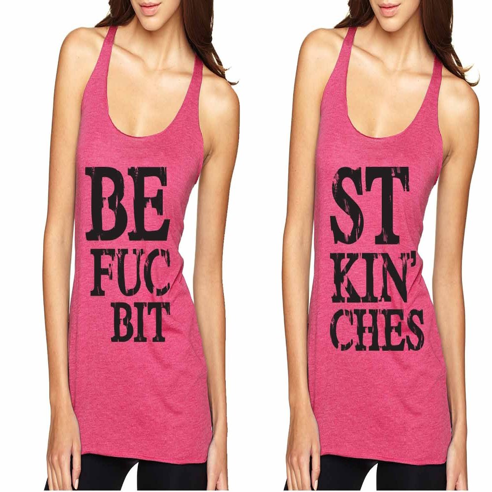 ALLNTRENDS Couple Tank Top Best Bit**ES BFF Set of 2 Love Black Print (Womens XL Womens XL, Vintage Pink)