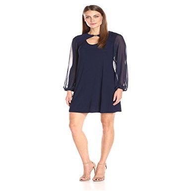 Tiana B Women's Solid A-line Dress with Sheer Sleeves and Front Keyhole, Navy, 6