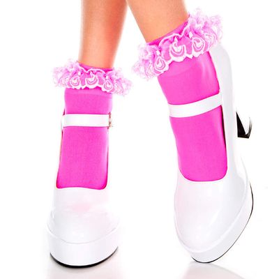 Music Legs Women's Lace Ruffle Opaque Anklet, Hot Pink, One Size Queen