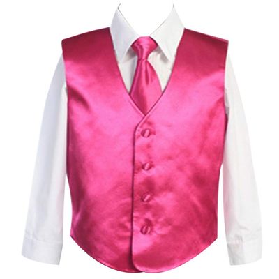 HBDesign Boys'3 Piece 4 Button Slim Fit Satin Vest Hot Pink (Vest+Shirt+Tie)
