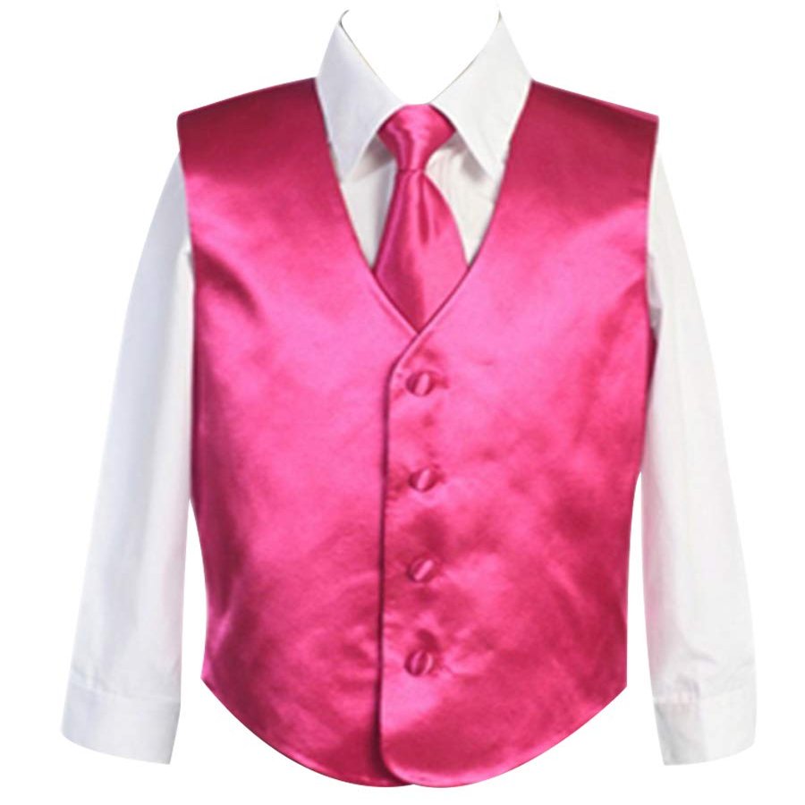 HBDesign Boys'3 Piece 4 Button Slim Fit Satin Vest Hot Pink (Vest+Shirt+Tie)