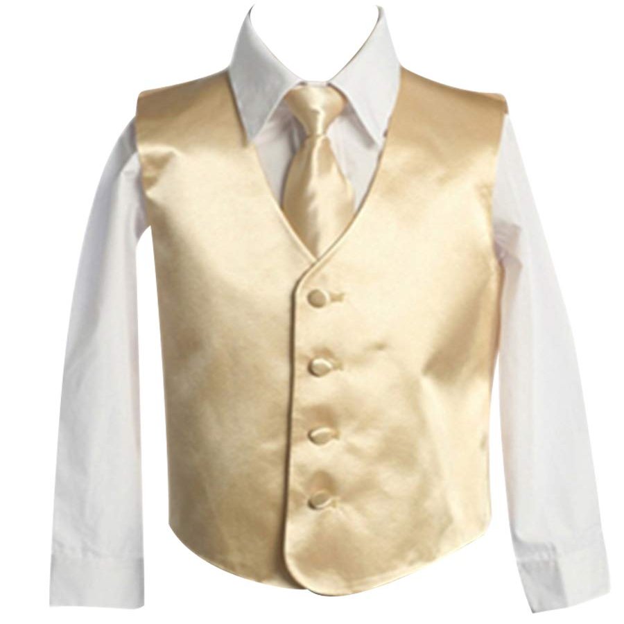 HBDesign Boys'3 Piece 4 Button Slim Fit Satin Vest Gold (Vest+Shirt+Tie)