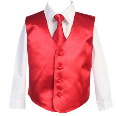 HBDesign Boys'3 Piece 4 Button Slim Fit Satin Vest Red (Vest+Shirt+Tie)
