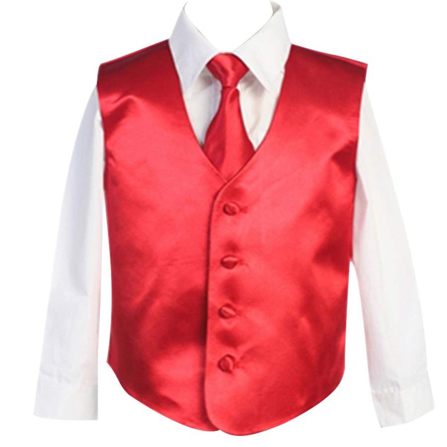HBDesign Boys'3 Piece 4 Button Slim Fit Satin Vest Red (Vest+Shirt+Tie)