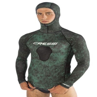Cressi Hunter Hooded Rash Guard Top Long Sleeve Rash Guards, Camo Green, Small