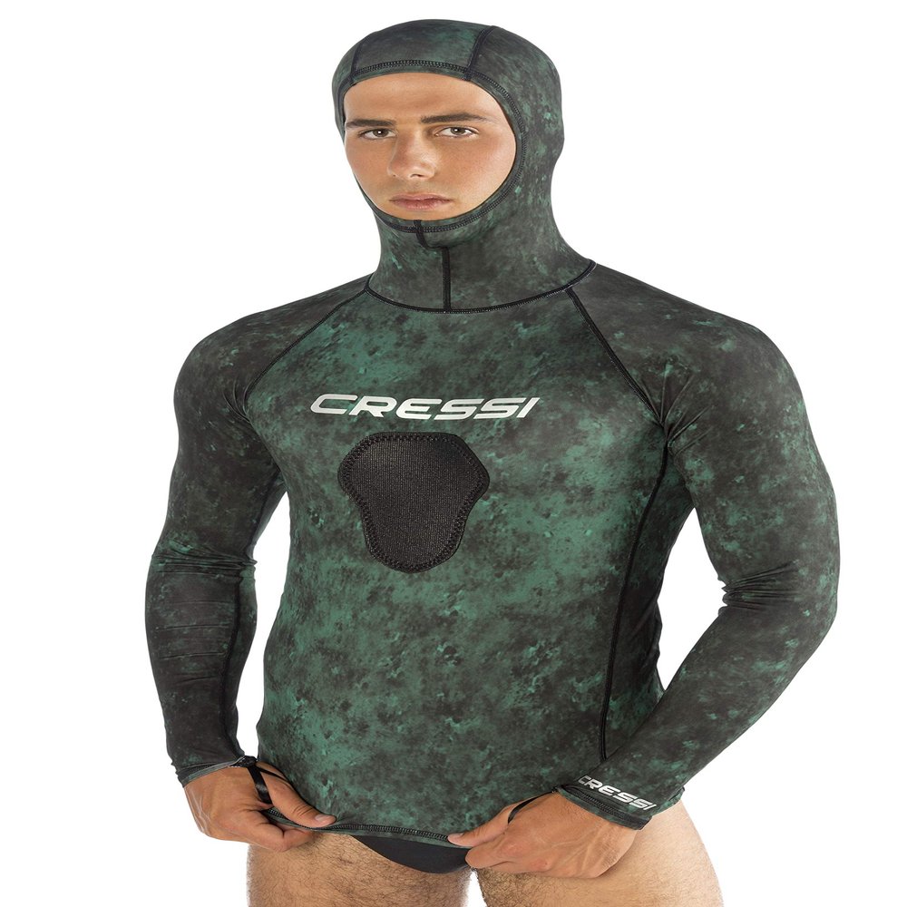 Cressi Hunter Hooded Rash Guard Top Long Sleeve Rash Guards, Camo Green, Small